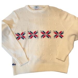 Izod Vintage Cream Sweater with Red and Blue Snowflake/Star Pattern
